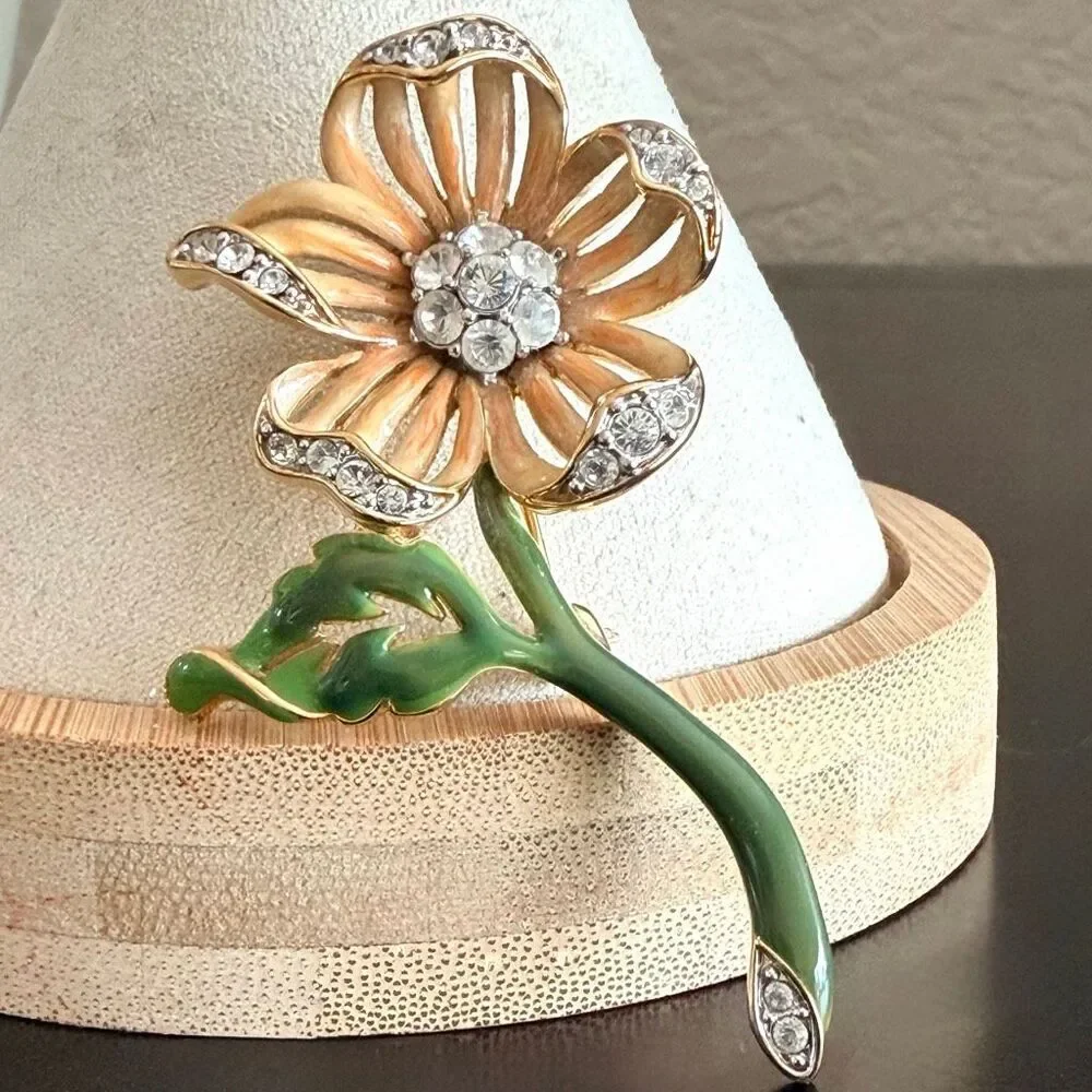 Vintage Nolan Miller Enamel Rhinestone Flower Brooch